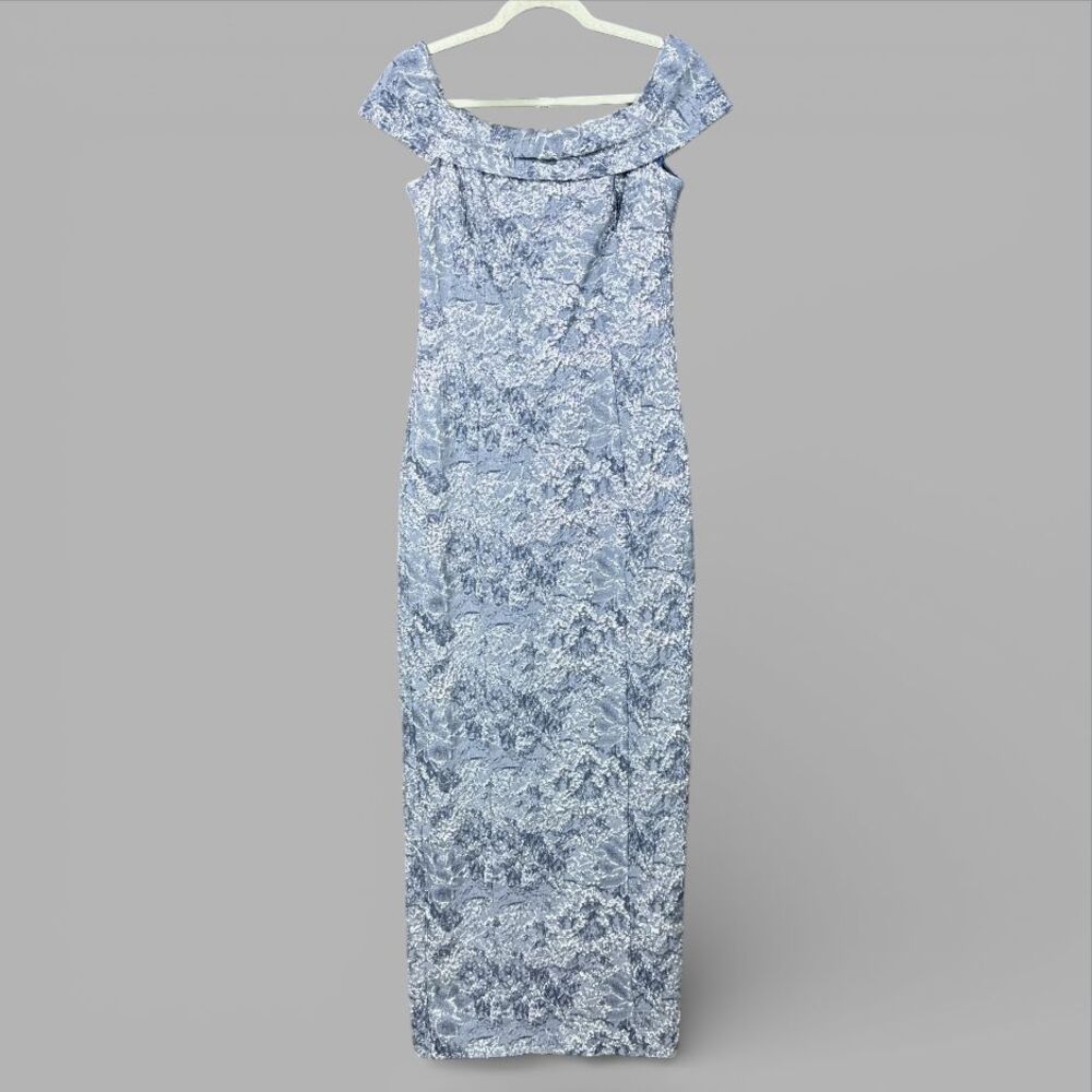 THEIA COUTURE Off Shoulder Maxi Dress Silver Gray Metallic Floral Brocade Sz 8